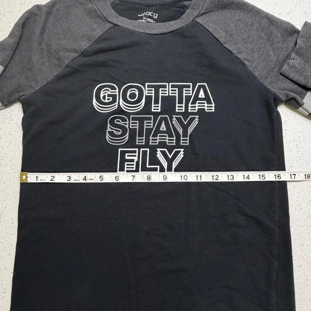 BCG Boys Gotta Stay Fly Graphic Raglan Long Sleeve Shirt Black Gray Size L 12-14